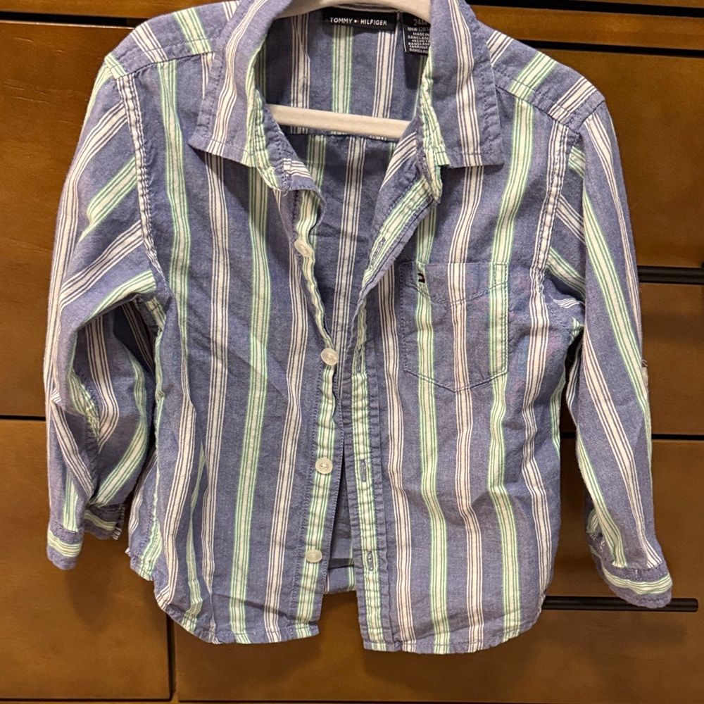 Tommy Hilfiger Kids Blue and Green Striped Button Down Shirt